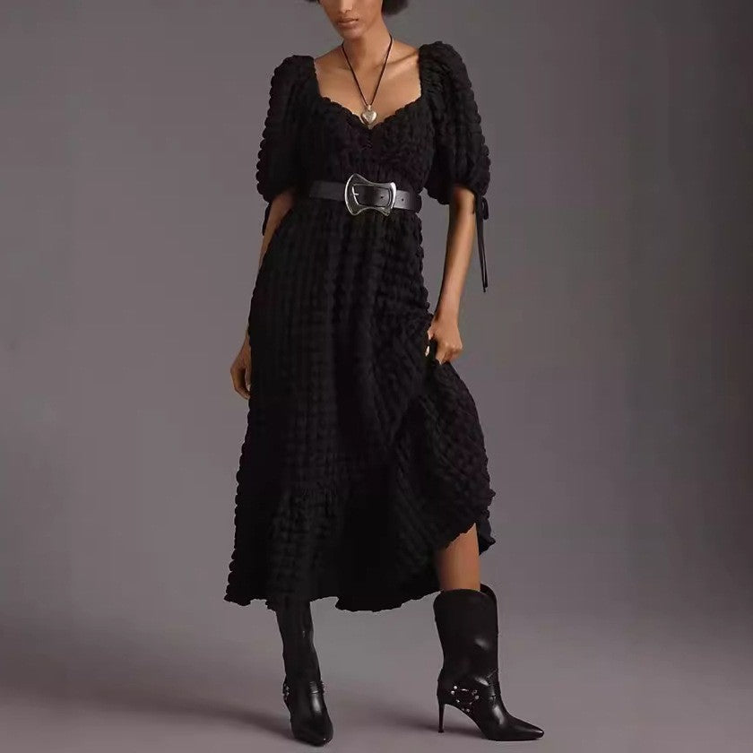 Puff Sleeve Lace-up Elegant Dress