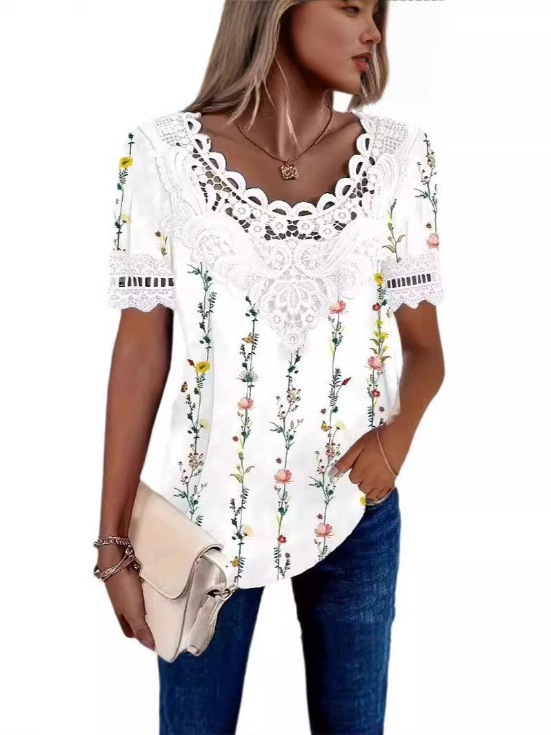 Fashionable Elegant Casual Hollow Lace Women's T-shirt