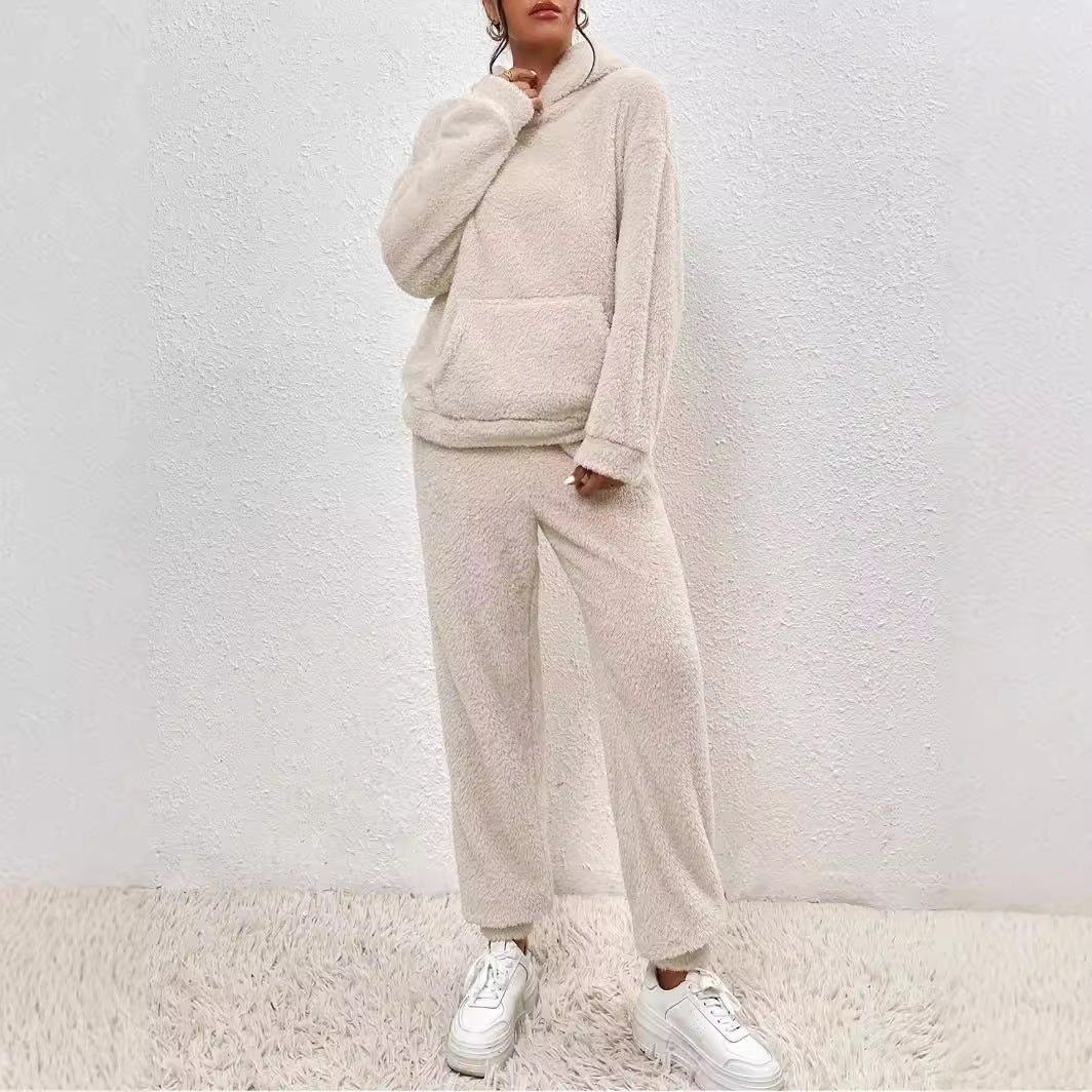 Women's Solid Color Plush Hooded Long Sleeve Trousers Suit