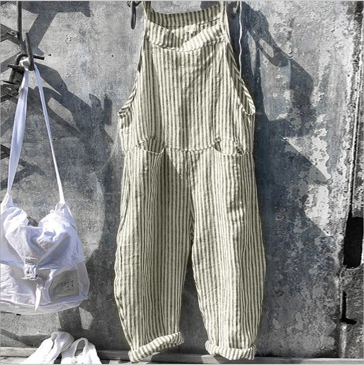 Striped Bib Jumpsuit With Pockets Summer Fashion Loose Wide-leg Pants For Women Clothing