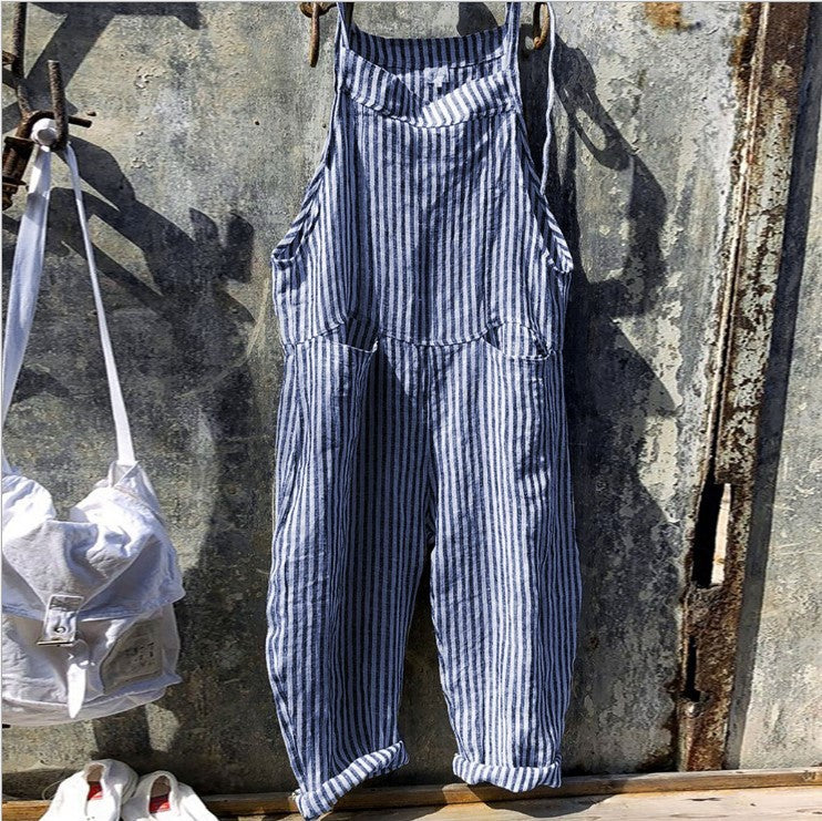 Striped Bib Jumpsuit With Pockets Summer Fashion Loose Wide-leg Pants For Women Clothing