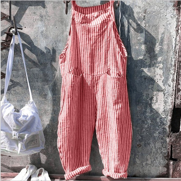 Striped Bib Jumpsuit With Pockets Summer Fashion Loose Wide-leg Pants For Women Clothing