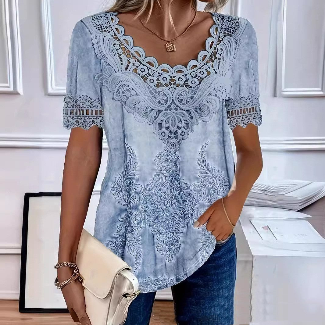 Fashionable Elegant Casual Hollow Lace Women's T-shirt