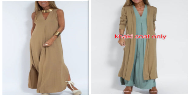 New Solid Color V-neck Sleeveless Dress Long Cardigan Jacket Suit For Women