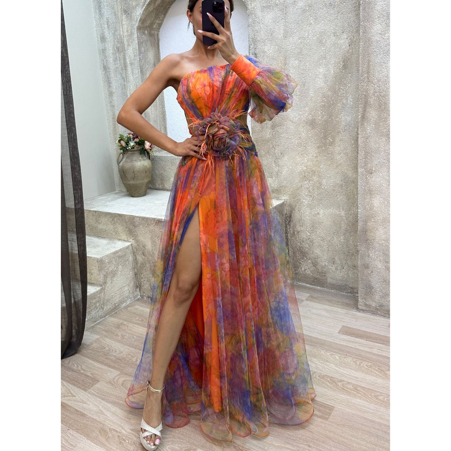 Mesh Tie-dye Printed Off-shoulder Slit Dress Summer INS Fashion Long Dress Party Womens Clothing