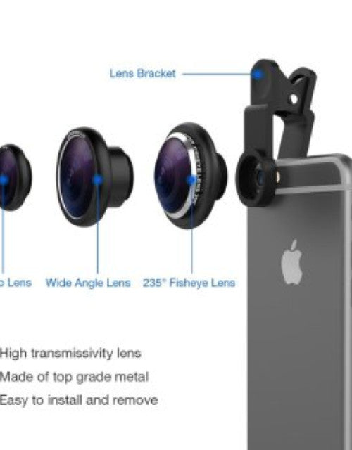 3 in 1 Set Mobile Professional HD Camera Lens: 180° Fisheye Lens + Wide Angle+ 10x MM Macro Lens with Bag Clip Holder Kit for All Smart Phones