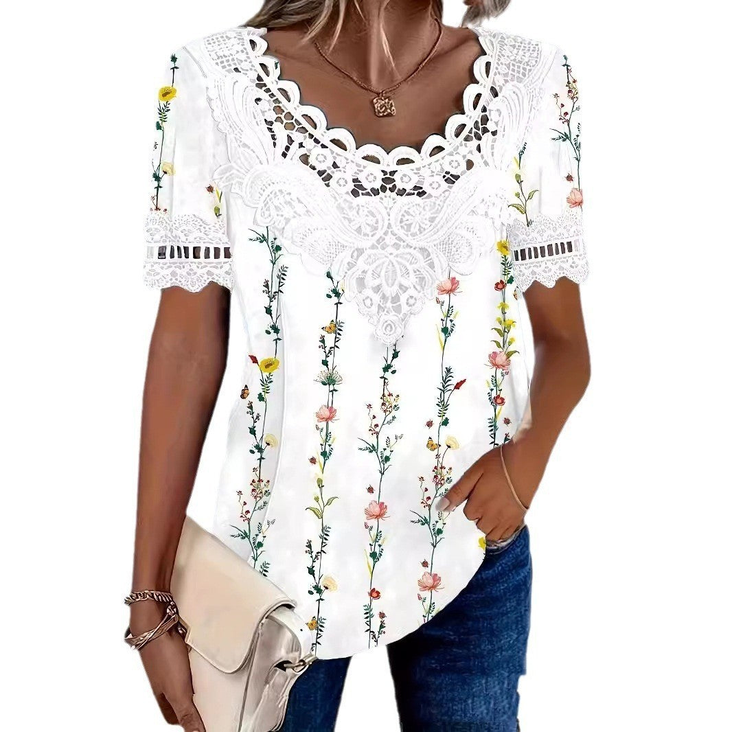 Fashionable Elegant Casual Hollow Lace Women's T-shirt