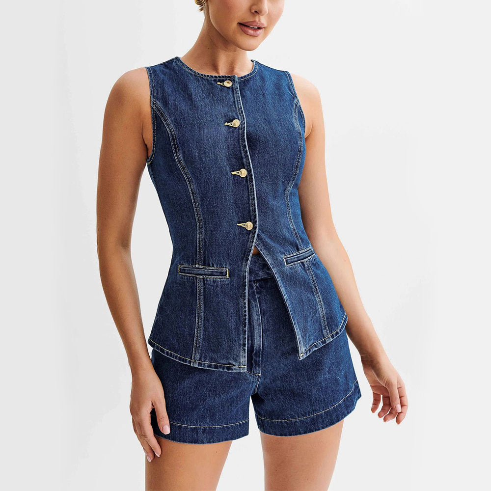 Fashion Denim Suit Summer Casual Sleeveless Button Vest Top And High Waist Shorts Set For Womens Clothing