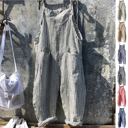 Striped Bib Jumpsuit With Pockets Summer Fashion Loose Wide-leg Pants For Women Clothing