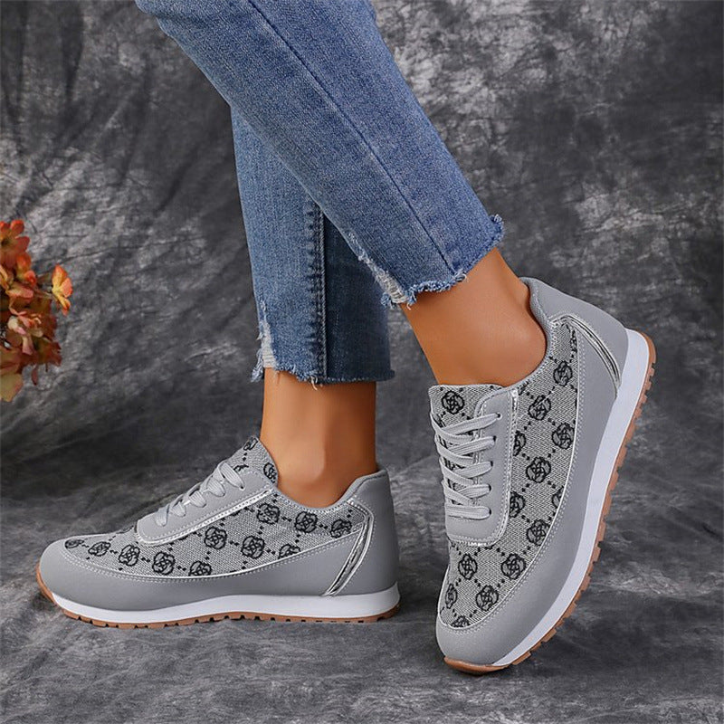 Flower Print Lace-up Sneakers Casual Fashion Lightweight Breathable Walking Running Sports Shoes Women Flats