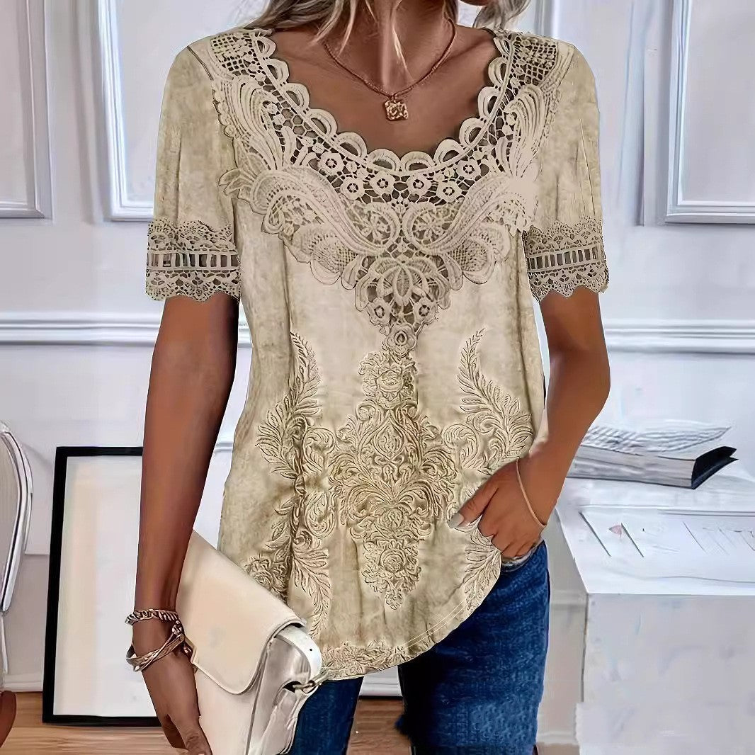 Fashionable Elegant Casual Hollow Lace Women's T-shirt