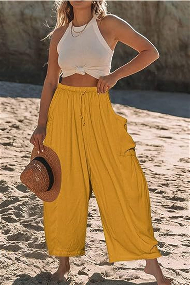 Fashion Wide Leg Pants Summer Loose Elastic High Waist Pleated Trousers Solid Color Womens Clothing