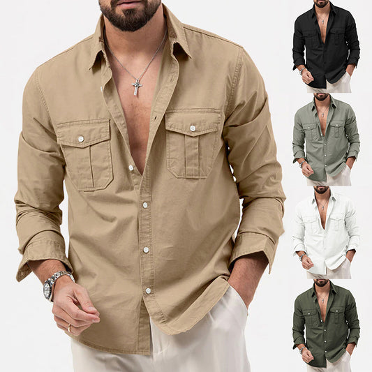 Men's Shirt Multi-pocket Solid Color Casual Long Sleeves Top