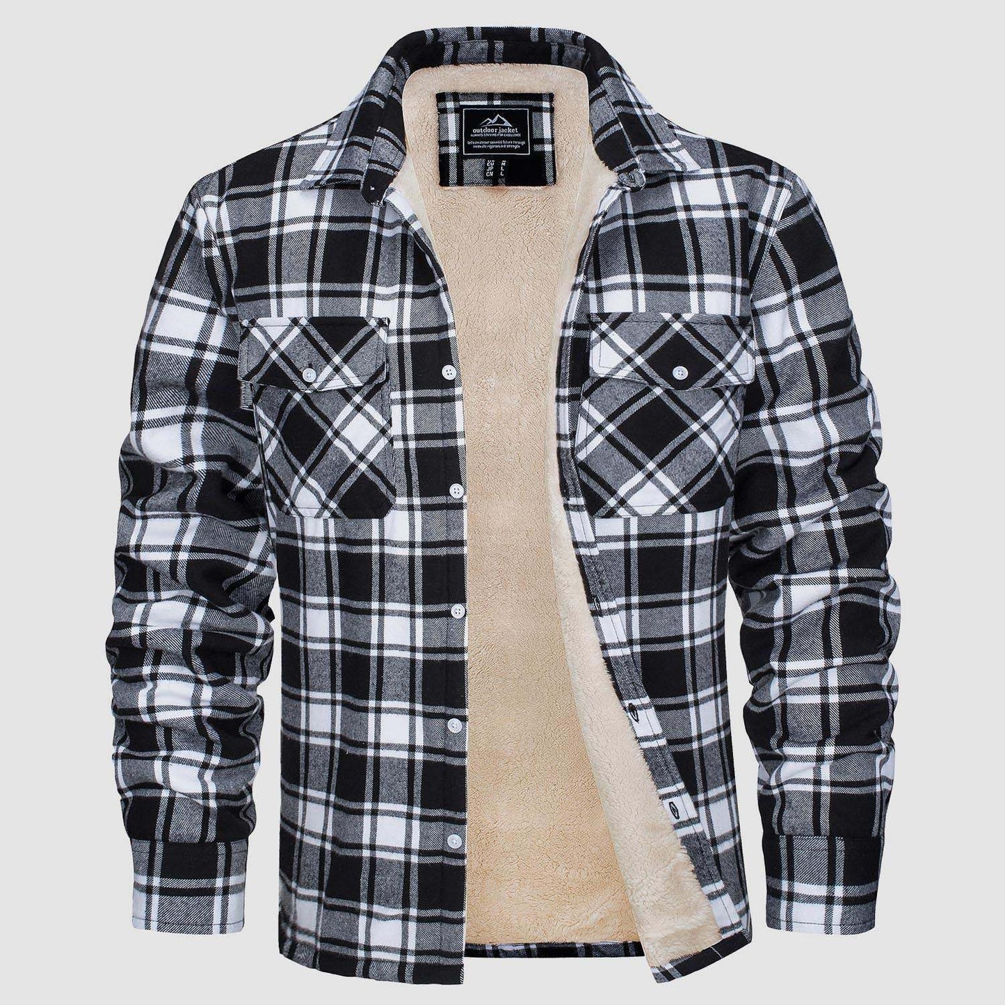 Fleece Lined Men's Jacket Long Sleeve Lapel Plaid