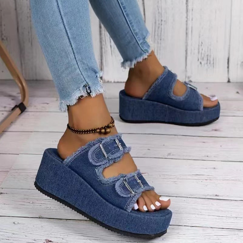 Fashion Denim Buckle Wedges Sandals Summer Outdoor High Heel Slippers Thick Bottom Camouflage Shoes For Women