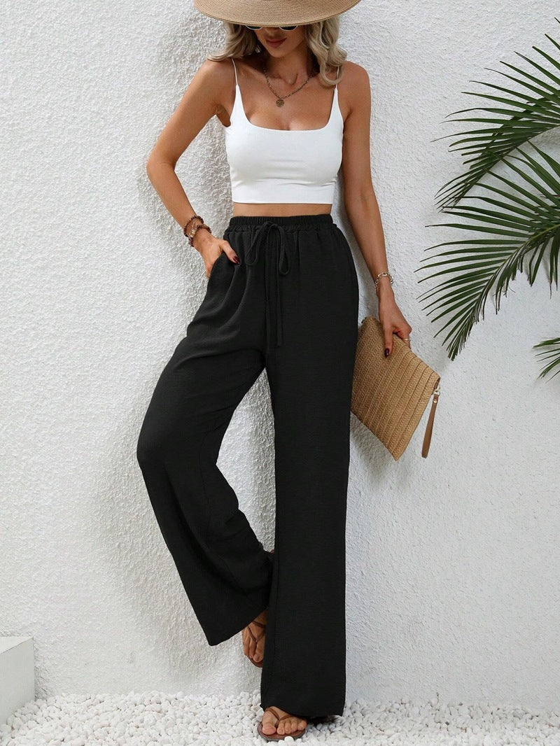 Drawstring Wide-legged Pants With Pockets Fashion Casual Trousers Women's Clothing