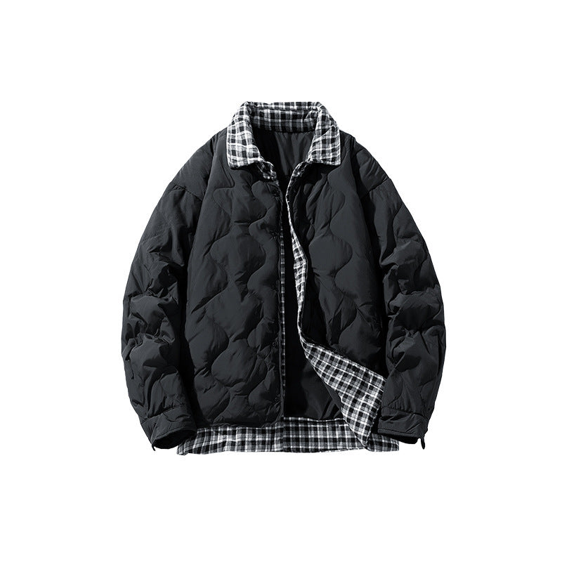 Fake Two-piece Plaid Lapel Baseball Collar Shirt Down Jacket