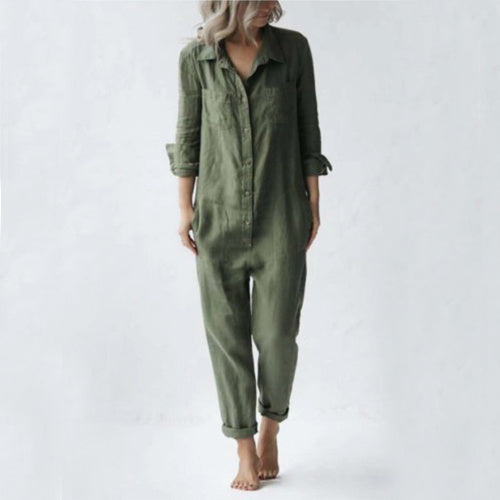 Casual Long Sleeve Jumpsuit With Pockets Fashion Loose Lapel Button Romper Pants Womens Clothing