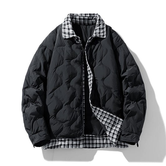 Fake Two-piece Plaid Lapel Baseball Collar Shirt Down Jacket