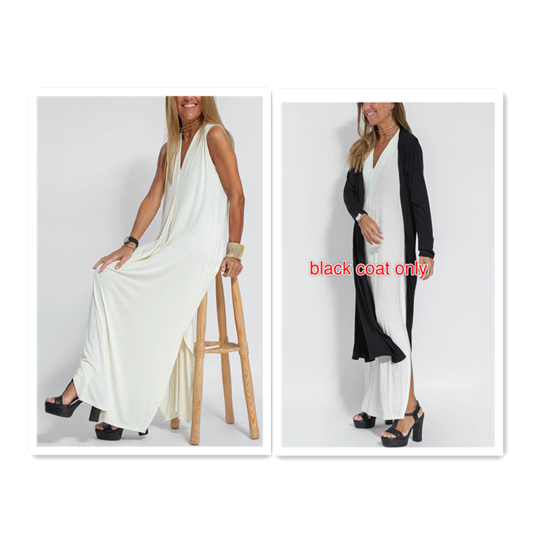 New Solid Color V-neck Sleeveless Dress Long Cardigan Jacket Suit For Women