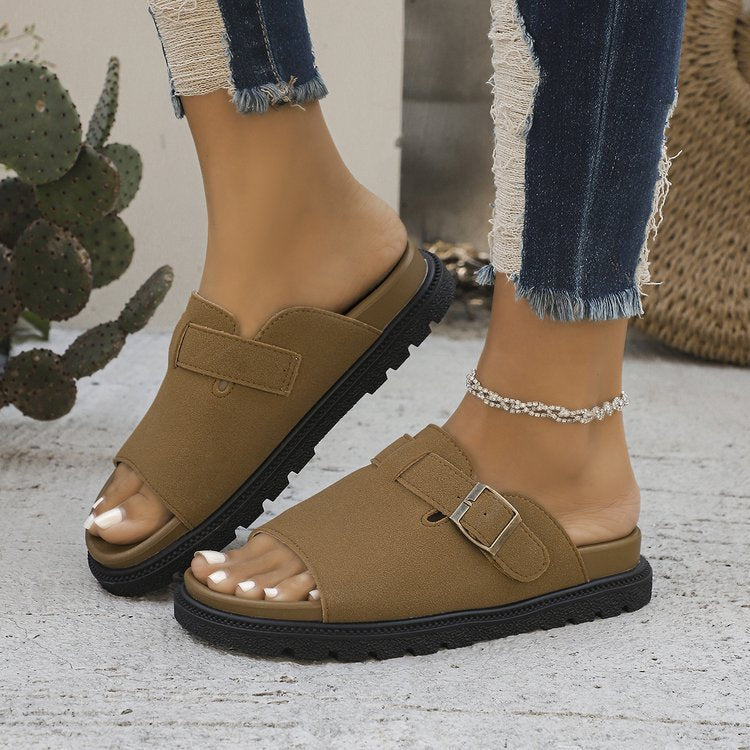 Summer Buckle Flats Sandals Fashion Fish Mouth Thick Bottom Slippers For Women Outdoor Non-slip Slides