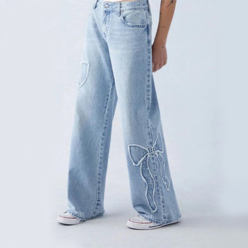 Women's Straight Trousers Embroidered Side Frayed Butterfly Jeans Street Design Hot Girl Baggy Pants