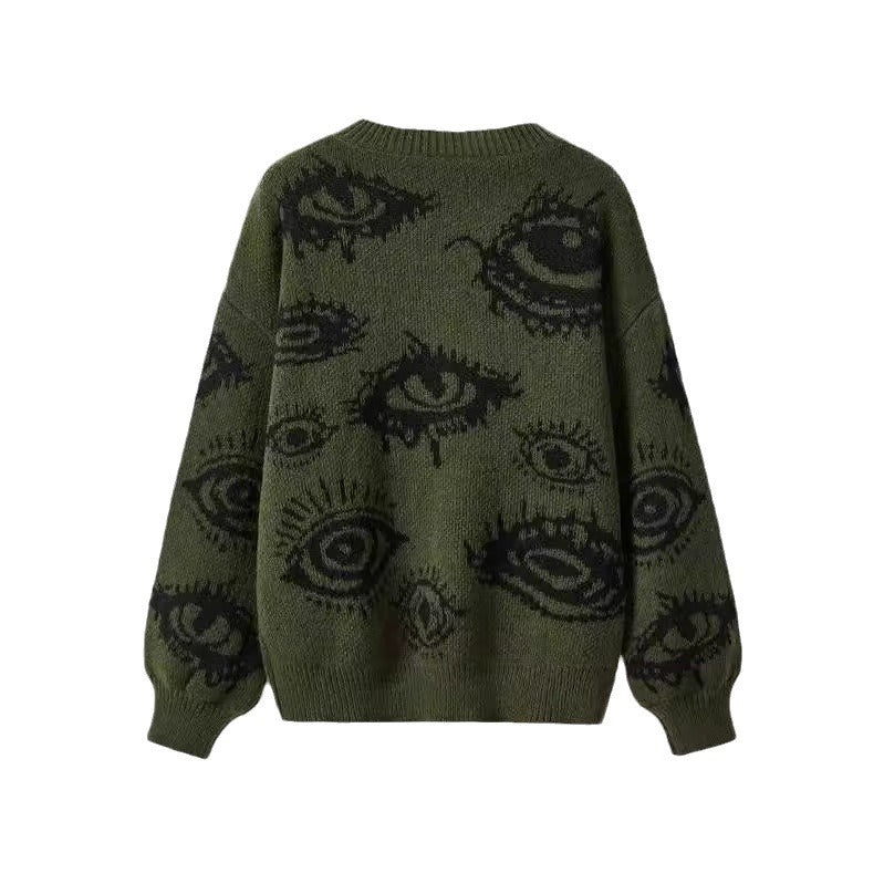 Personality Round Neck Wide Knitted Jacquard Sweater