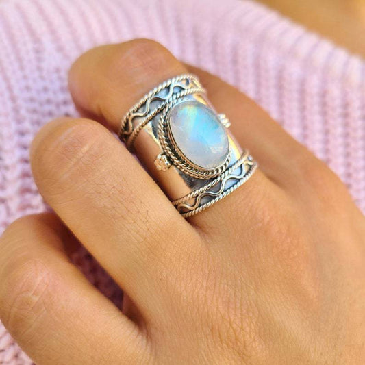 Creative Bohemian Retro Wide Ring Moonstone Ancient Silver Ring