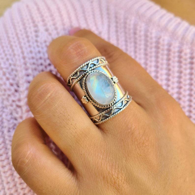 Creative Bohemian Retro Wide Ring Moonstone Ancient Silver Ring