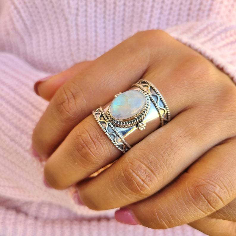 Creative Bohemian Retro Wide Ring Moonstone Ancient Silver Ring