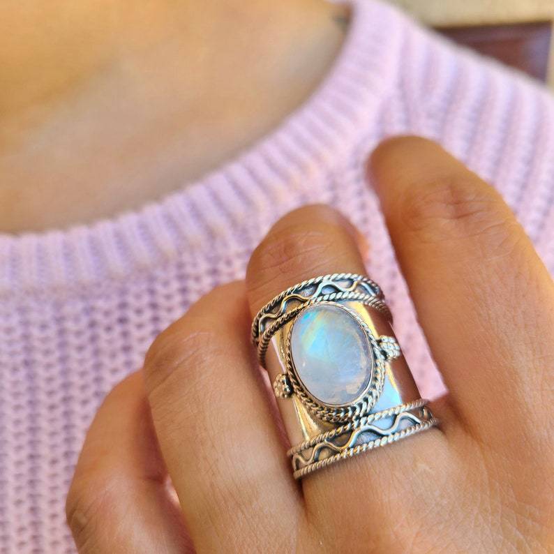 Creative Bohemian Retro Wide Ring Moonstone Ancient Silver Ring