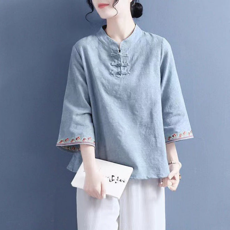 Artistic Cotton Linen Jacquard Embroidered Bell Sleeve Shirt