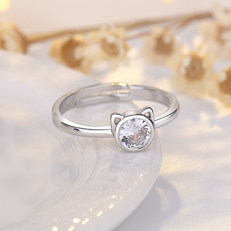 S925 White Gold Plated Inlaid Zircon Kitten Ring