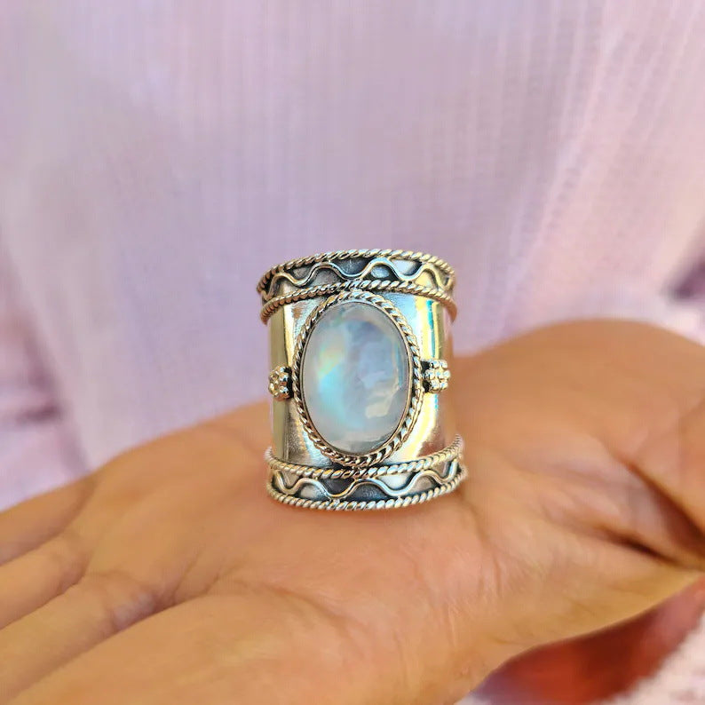 Creative Bohemian Retro Wide Ring Moonstone Ancient Silver Ring