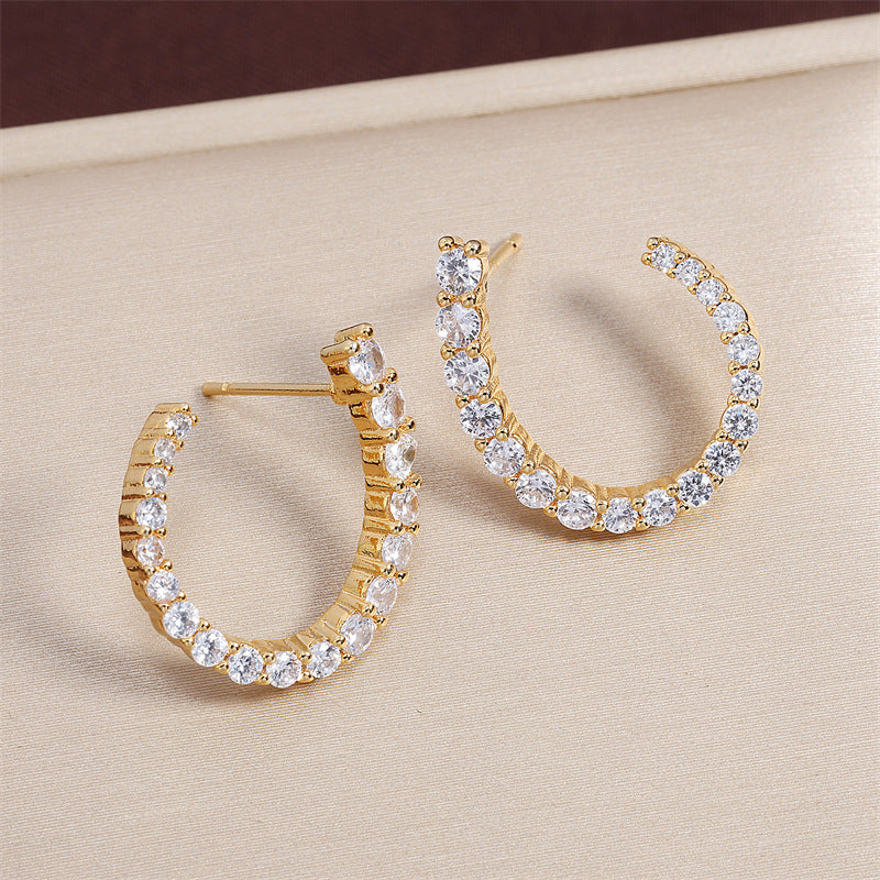 Women's C-shaped Stud Earrings With Rhinestones Fashion Zircon Simple Earrings