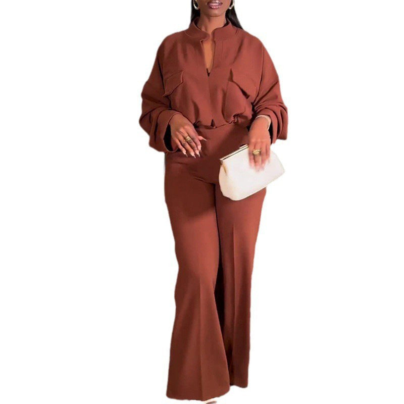 Casual V-neck Long Sleeve Top Wide-leg Trousers Suit