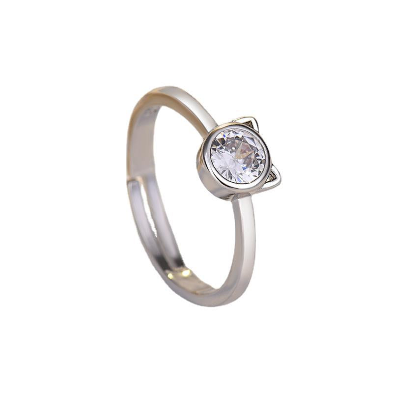 S925 White Gold Plated Inlaid Zircon Kitten Ring