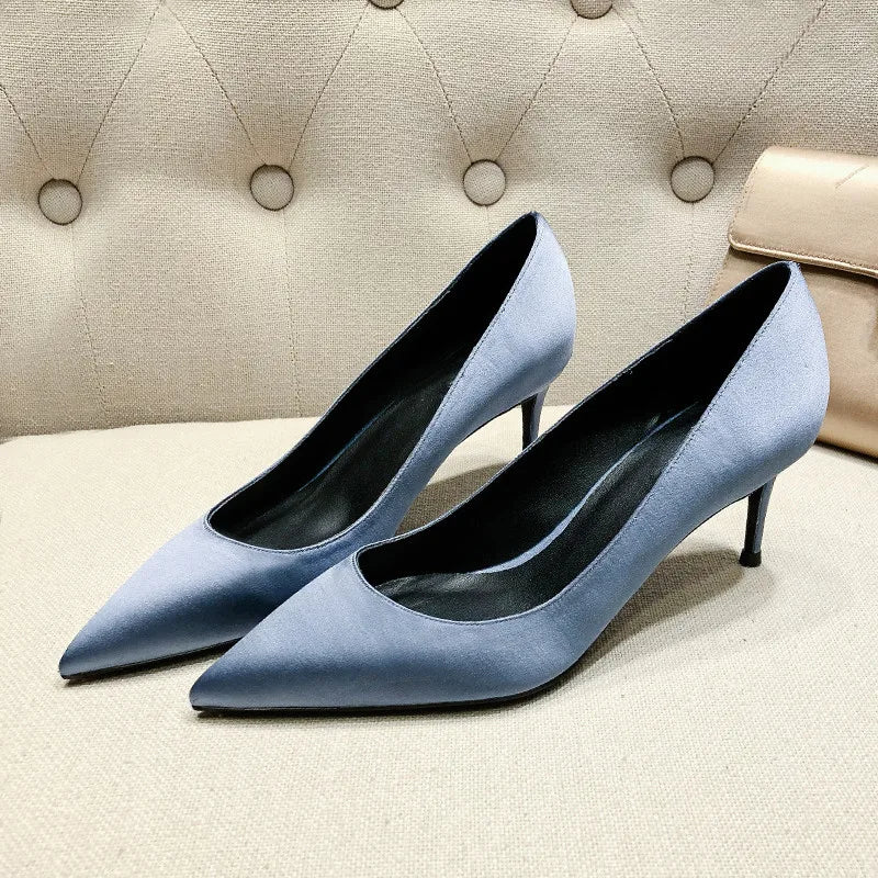 Ladies Silk Female Thin High Heel Work Party Pumps Women Pointed Toe Fashion Woman Red Black Formal Green Blue Yellow Shoes A005