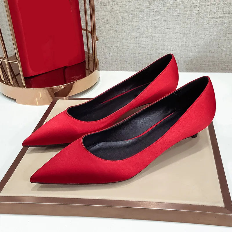 Ladies Silk Female Thin High Heel Work Party Pumps Women Pointed Toe Fashion Woman Red Black Formal Green Blue Yellow Shoes A005