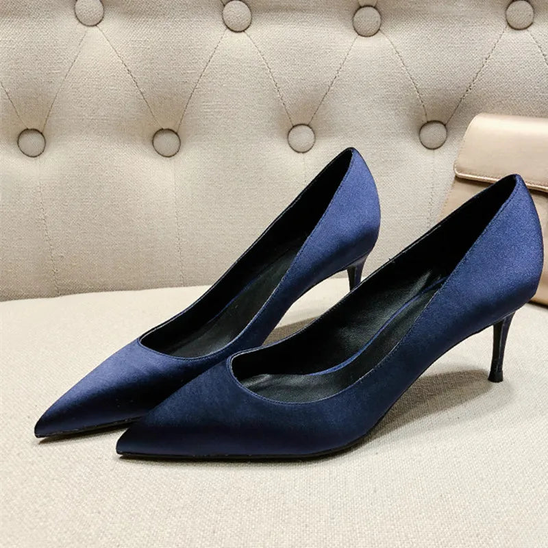 Ladies Silk Female Thin High Heel Work Party Pumps Women Pointed Toe Fashion Woman Red Black Formal Green Blue Yellow Shoes A005