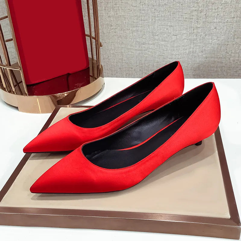 Ladies Silk Female Thin High Heel Work Party Pumps Women Pointed Toe Fashion Woman Red Black Formal Green Blue Yellow Shoes A005