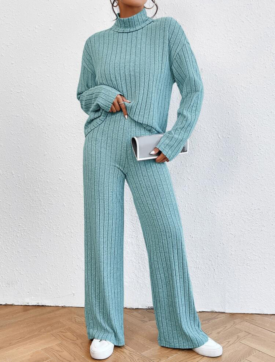 Turtleneck Long Sleeve Sunken Stripe Loose Wide Leg Pants Two-piece Set