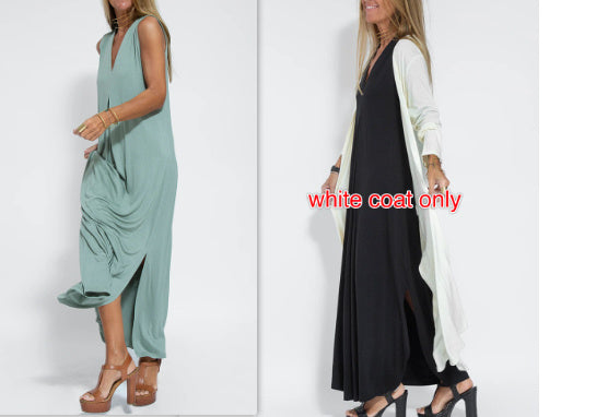 New Solid Color V-neck Sleeveless Dress Long Cardigan Jacket Suit For Women