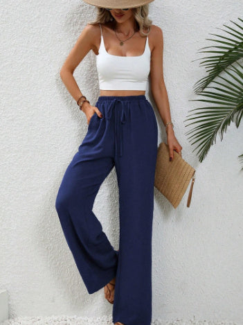 Drawstring Wide-legged Pants With Pockets Fashion Casual Trousers Women's Clothing