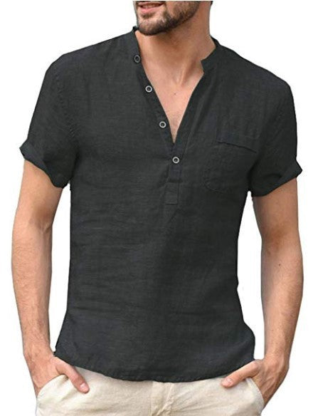 Casual Linen Solid Color Shirt Button V Neck Beach Shirt Men Summer Tops