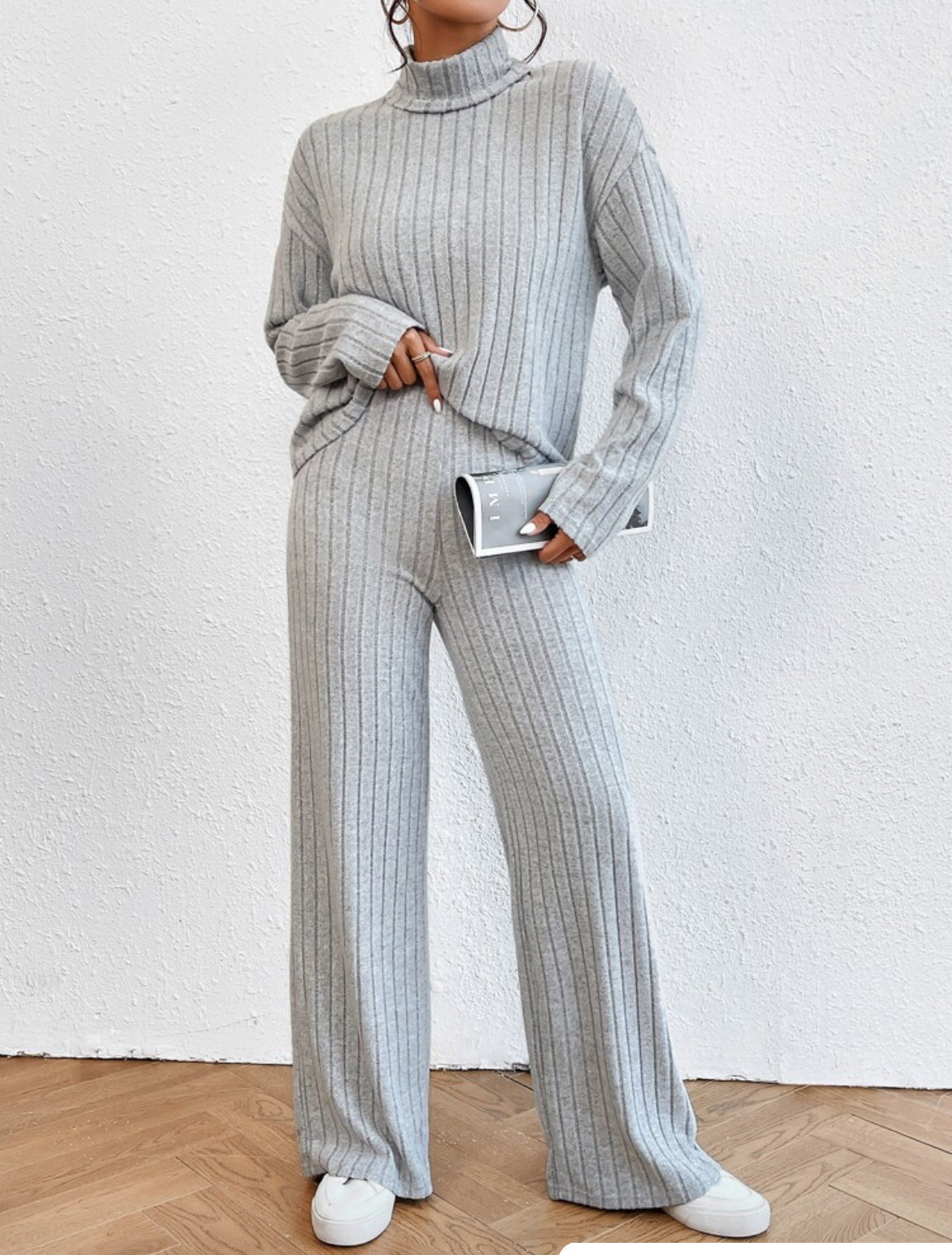 Turtleneck Long Sleeve Sunken Stripe Loose Wide Leg Pants Two-piece Set