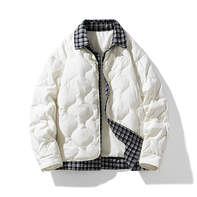 Fake Two-piece Plaid Lapel Baseball Collar Shirt Down Jacket