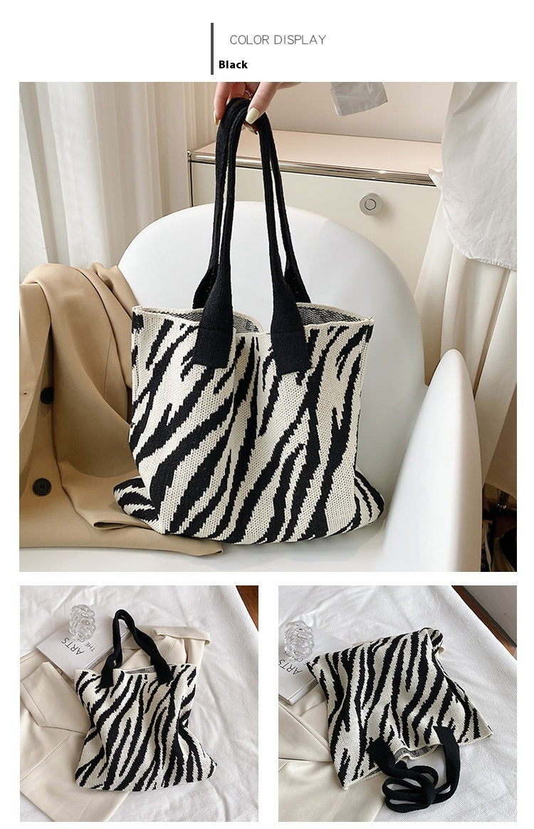 Tote New Large Capacity Single Shoulder Zebra Pattern Knitted Bag Women