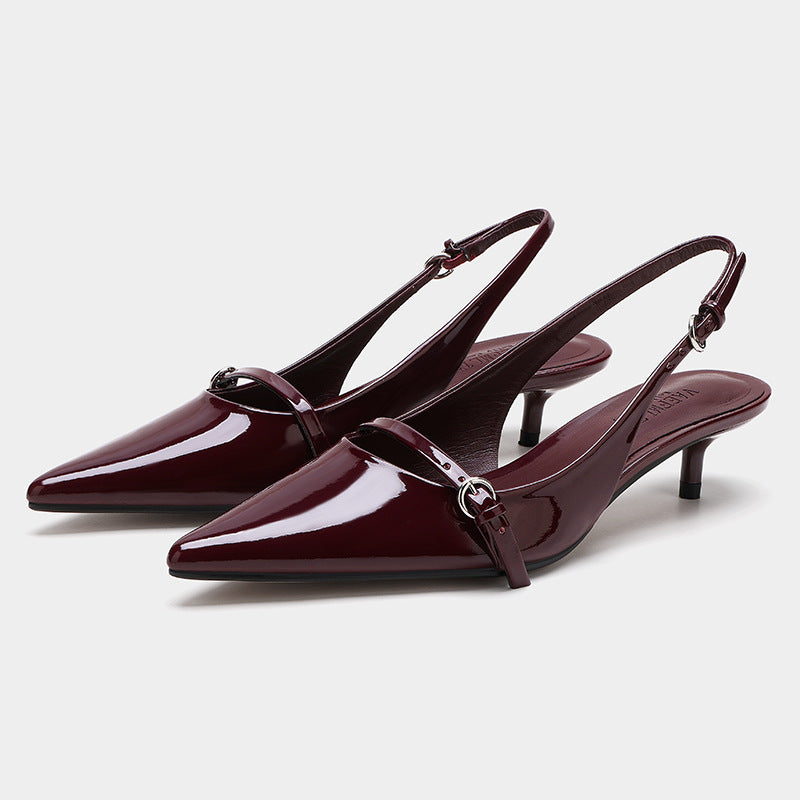 Wine Red Retro Style Pointed Toe Slingback Strap Mules Shoes