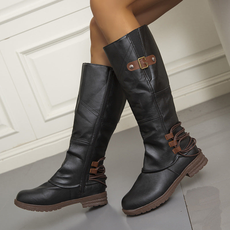 Fashion Casual Round Toe Square Heel Women's High-top Fashion Leather Boots